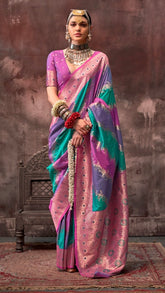 Magenta & Peacock Blue Rangkat Zari Weaved Banarasi Silk Saree